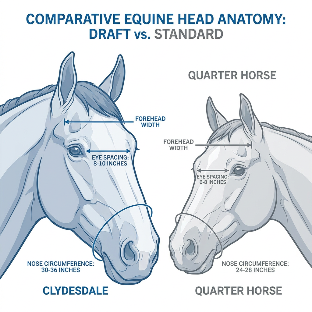 Anatomical comparison showing the key differences between draft horse and standard horse head proportions, with measurement points clearly marked