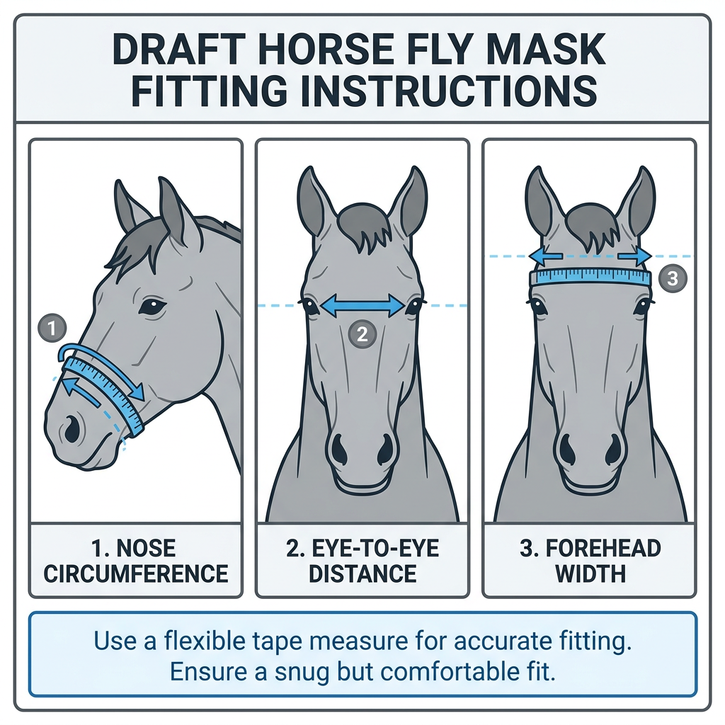 Step-by-step visual guide showing proper measurement technique for fitting a draft horse fly mask