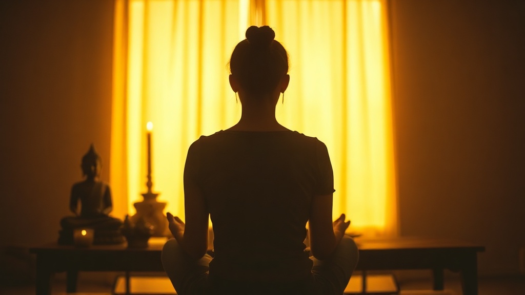 Méditation bouddhiste devant une statue de Bouddha, pratique du refuge dans les Trois Joyaux
