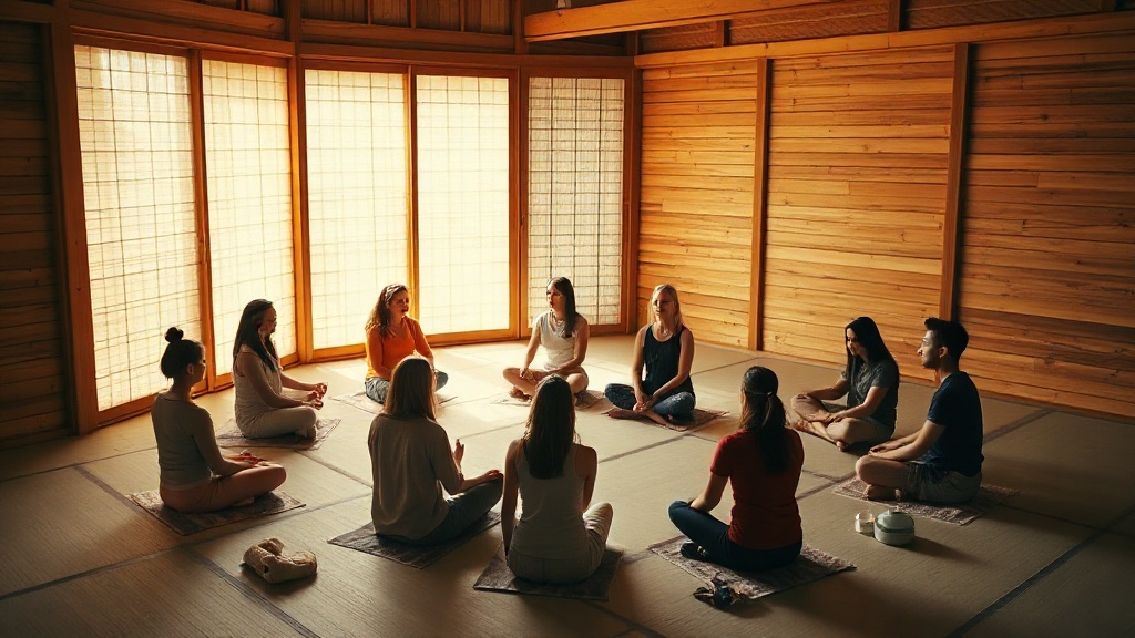 Communauté de pratiquants bouddhistes en méditation, symbolisant le Sangha comme troisième joyau