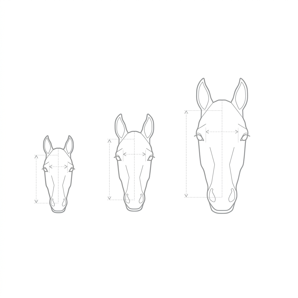 Technical diagram showing the key anatomical differences between a mini horse head, foal head, and full-size horse head with measurement callouts