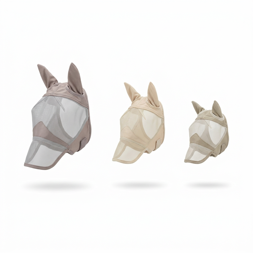 Product comparison visual showing three different fly masks - regular horse mask, foal mask, and mini-specific mask - highlighting size and proportion differences