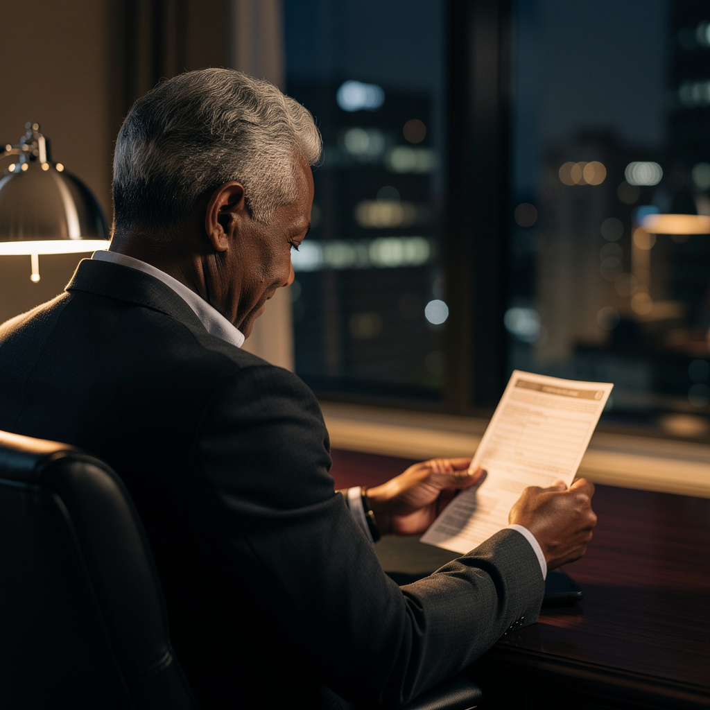 Founder reviewing documents, Johannesburg by night