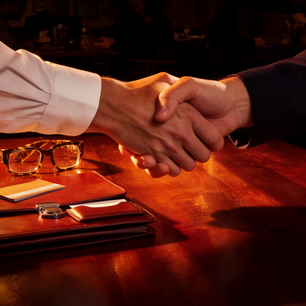 Two hands in a firm handshake across a mahogany table
