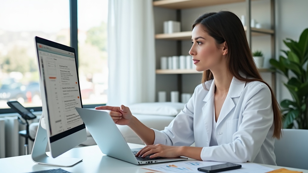 Profissional de clínica de estética analisando no notebook estratégias de palavras-chave e marketing digital.