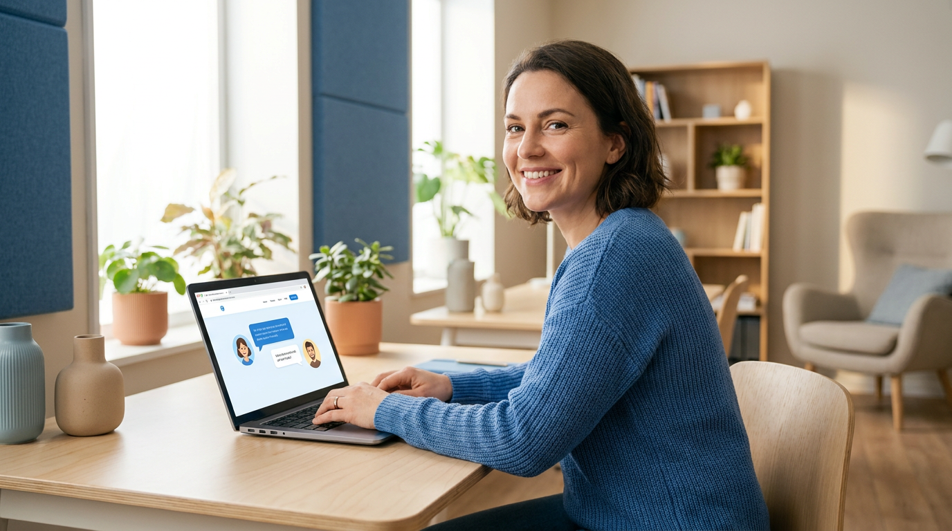 Ondernemer achter laptop die een vriendelijk chatgesprek op zijn zakelijke website bekijkt