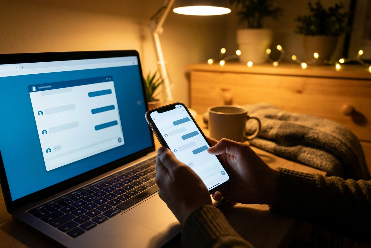 Klant die 's avonds thuis een vraag typt in een chatvenster op een zakelijke website