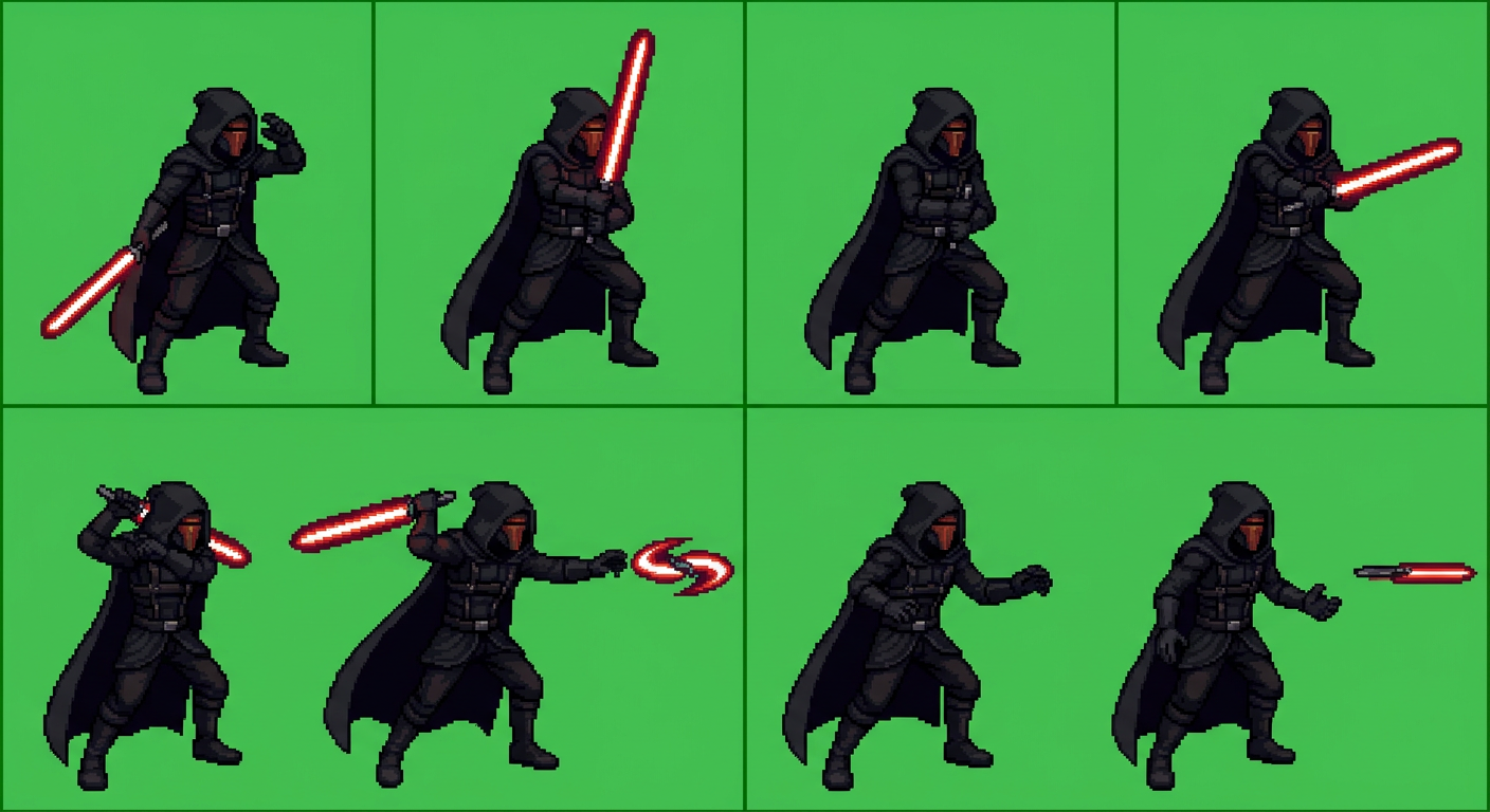 Image: Pixel art character sprite sheet strip, exactly 8