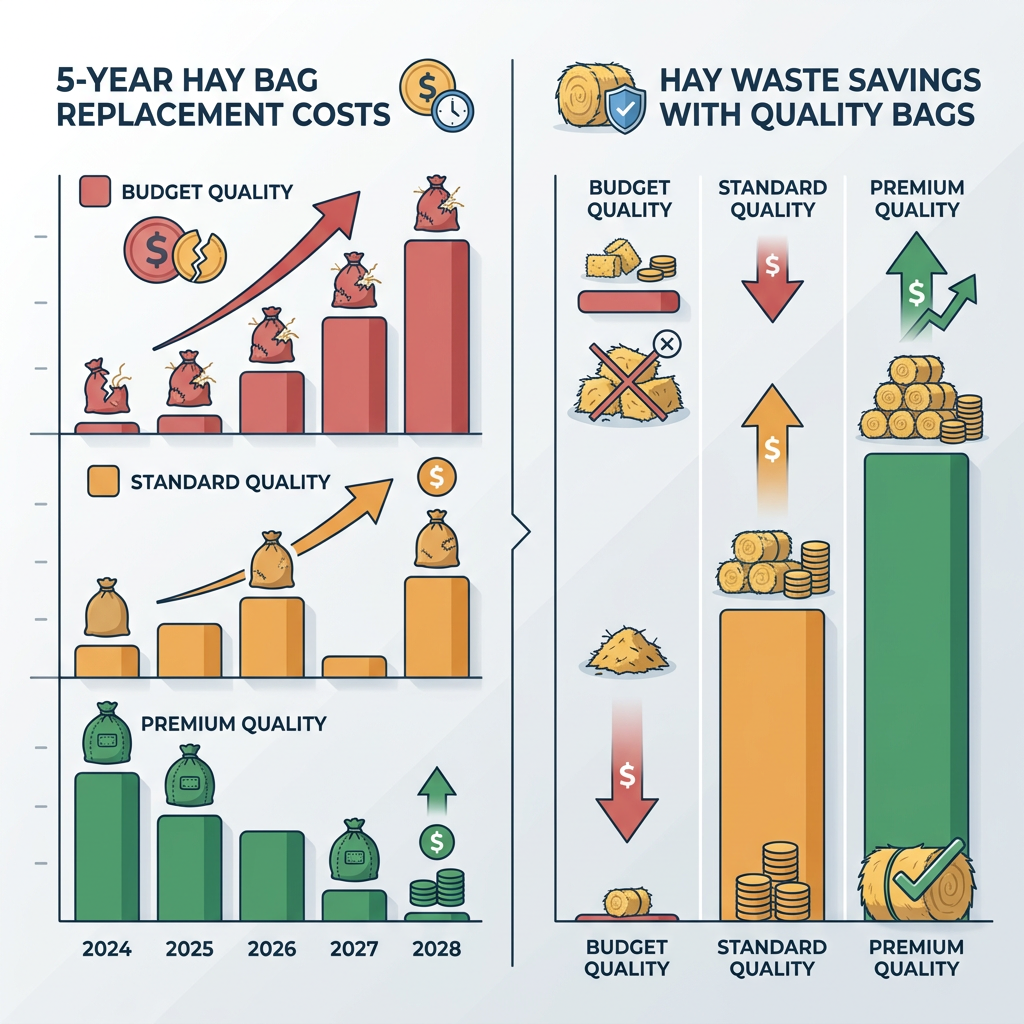 Visual comparison showing cost analysis of hay bag replacement versus hay waste savings over time