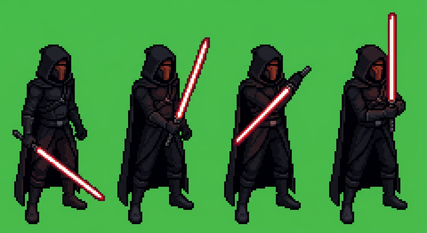 Image: Pixel art character animation strip, exactly 4 cel