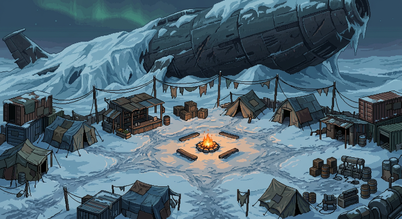 Image: Top-down three-quarter RPG view of a frozen surviv