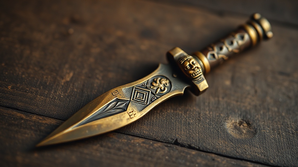 Tibetan bronze phurba ritual dagger with three-sided blade and carved Vajrakilaya handle on dark wood surface