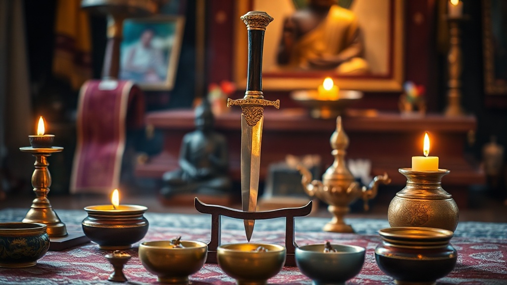 Tibetan Buddhist home altar with phurba dagger in ritual stand surrounded by offering bowls and butter lamp