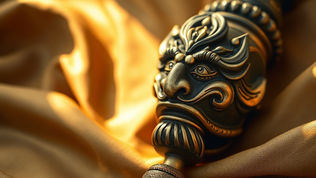 Close-up of carved wrathful Vajrakilaya deity face on the handle of a Tibetan phurba ritual dagger in copper