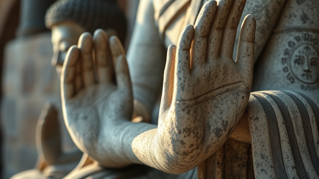 Détail d'une paire de mains sculptées en dhyana mudra sur une statue bouddhiste en calcaire des grottes de Longmen