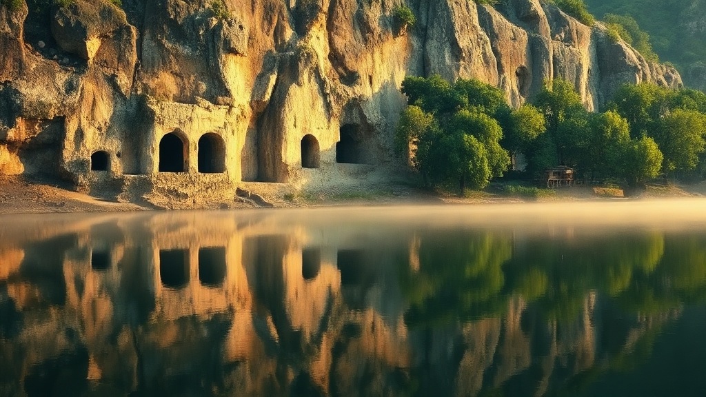 Vue panoramique des falaises de calcaire des grottes de Longmen se reflétant dans la rivière Yi au lever du soleil