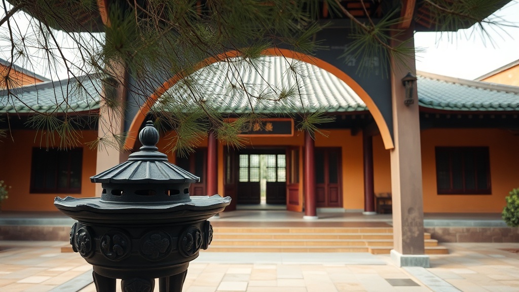 Cour intérieure du temple de Xiangshan Si avec brûleur d'encens en bronze et toitures à double courbe des pavillons Tang