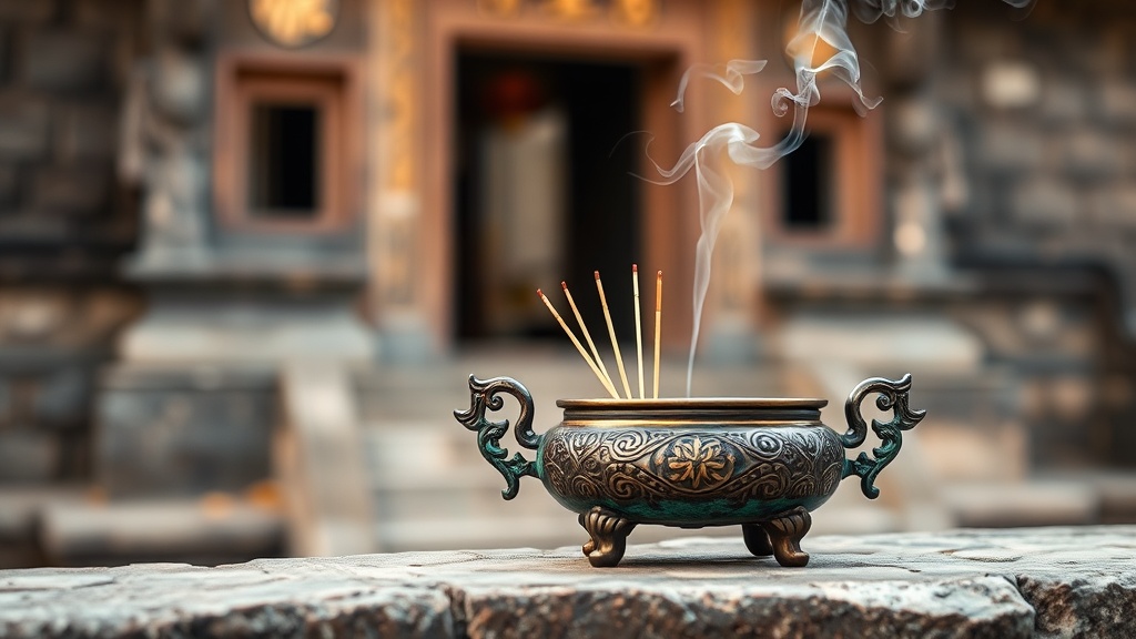 Brûle-encens en bronze devant un temple du monastère de Shaolin, province du Henan