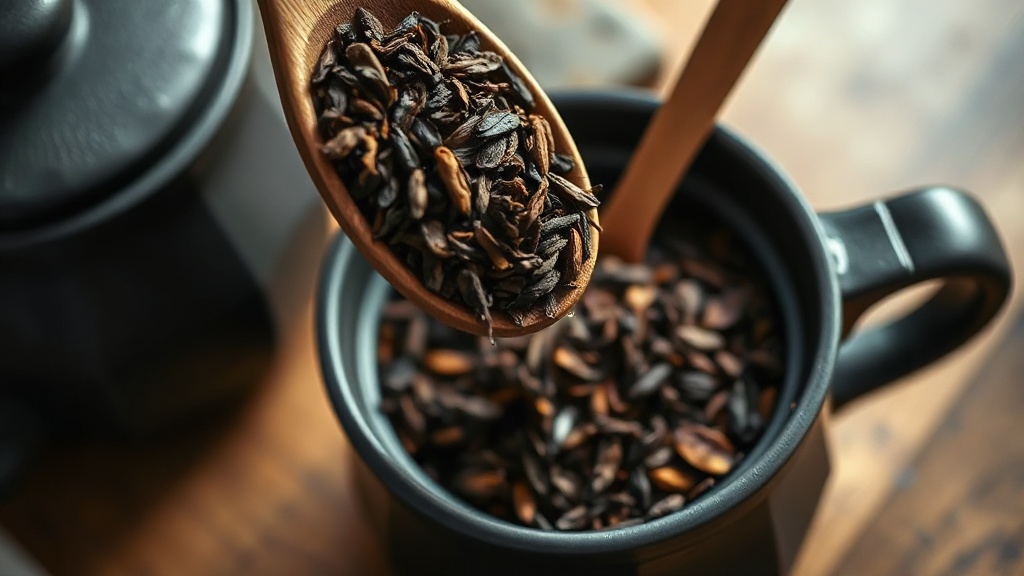 Thé noir Assam en feuilles entières versé dans une théière en fonte le matin