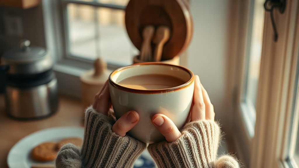 Mains tenant une tasse de thé chaud le matin dans une ambiance cosy