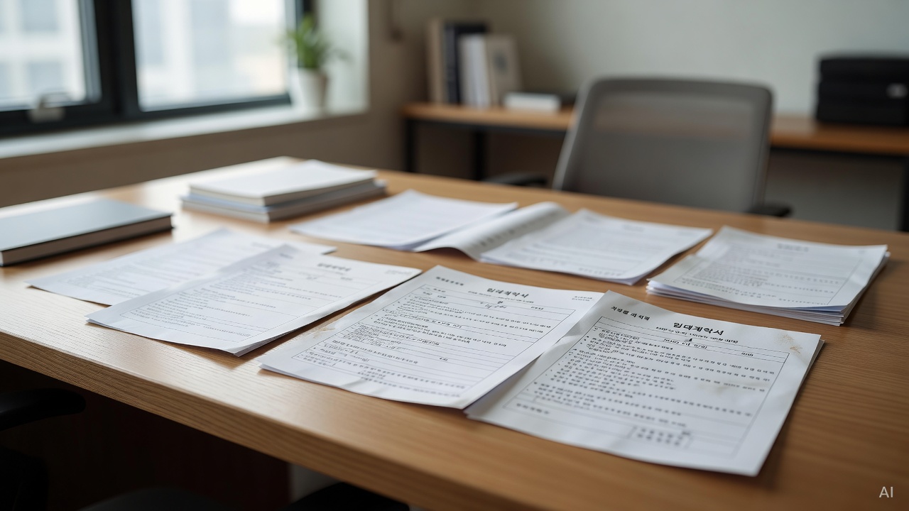 legal documents and lease contract papers spread on a wooden desk