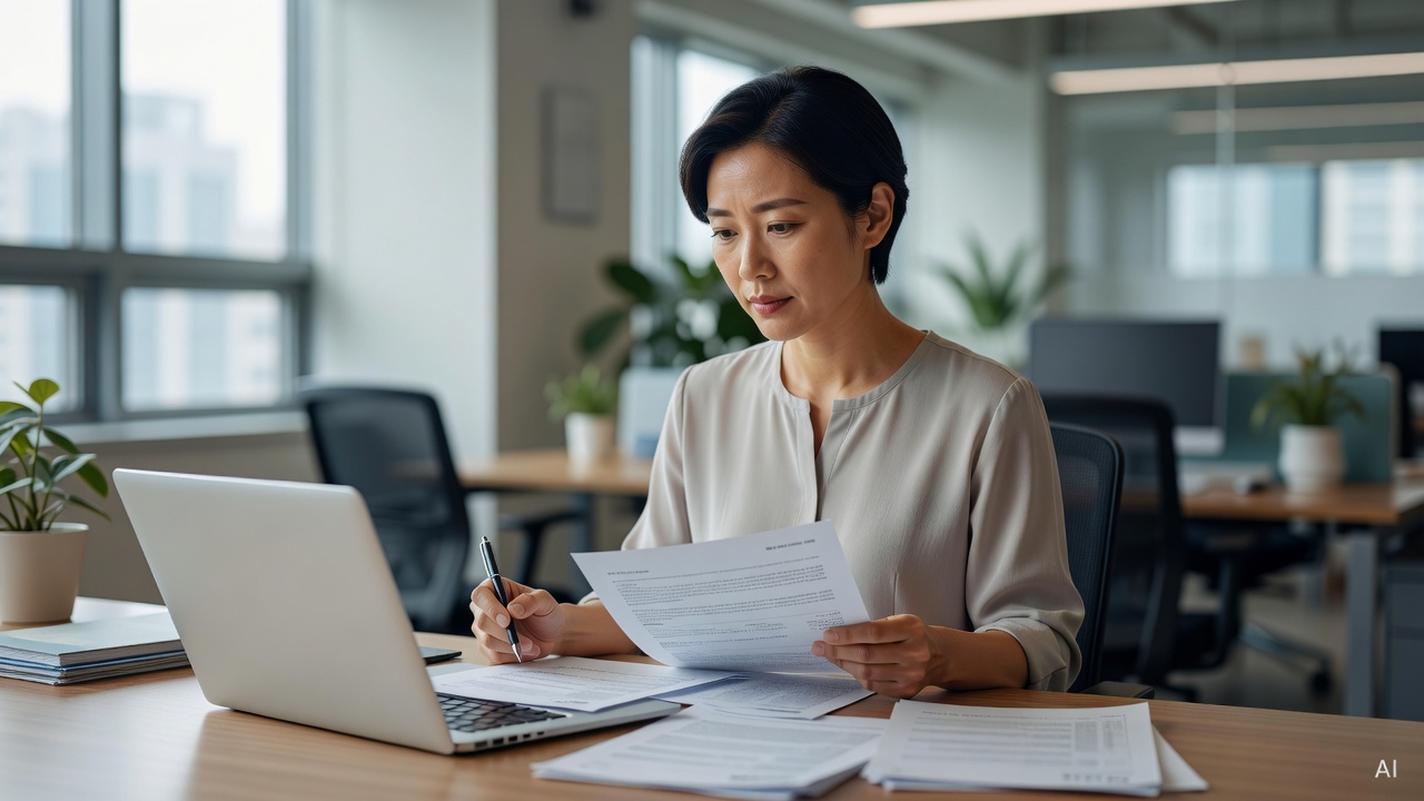 Korean woman in her 30s, short black hair, reviewing documents at a desk with a laptop
