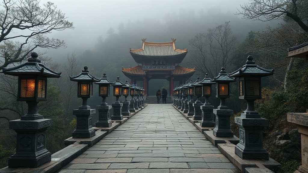 Allée de pierres menant au temple Fawang dans la brume matinale du mont Song