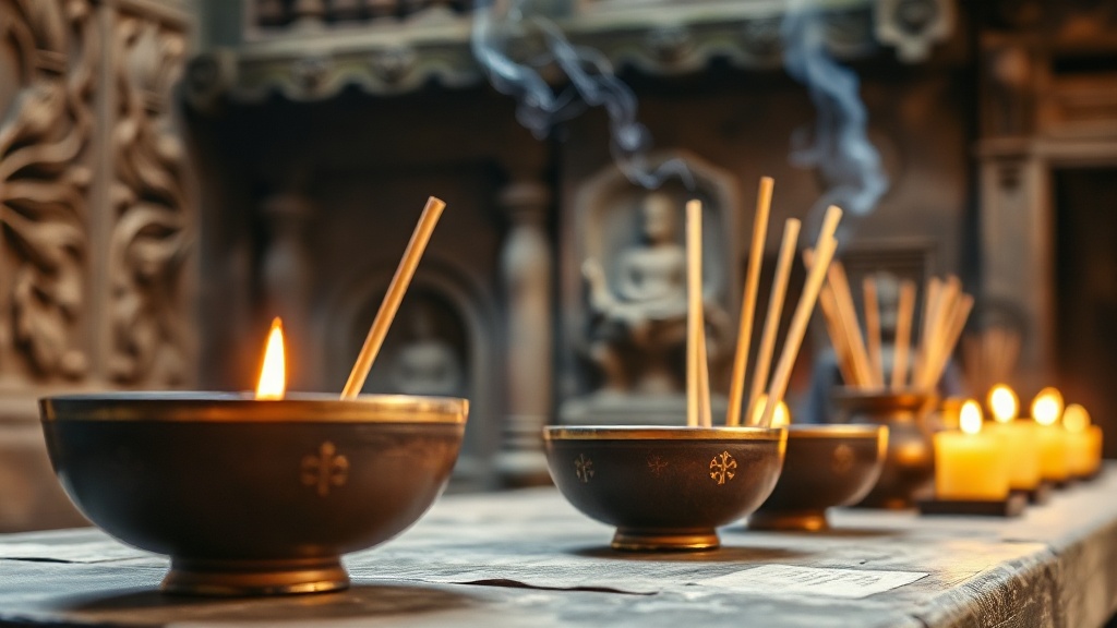 Bols d'offrandes et bâtons d'encens devant un bas-relief de lotus dans un temple bouddhiste chinois