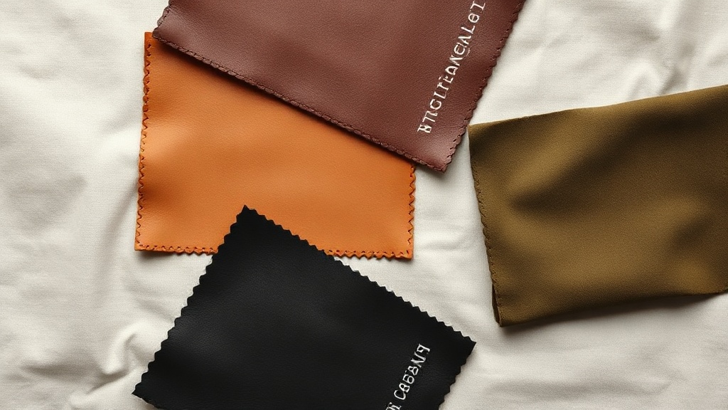 Three leather and canvas material swatches in tan, chocolate and olive arranged on a natural linen surface showing texture differences