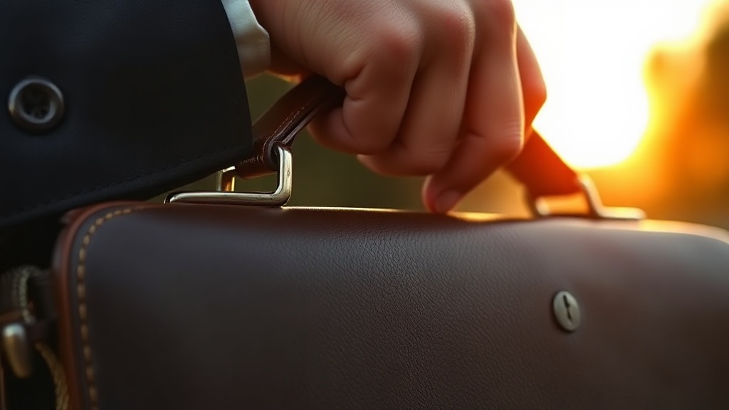 A man's hand gripping the top handle of a slim dark brown leather briefcase, white oxford cloth shirt cuff visible