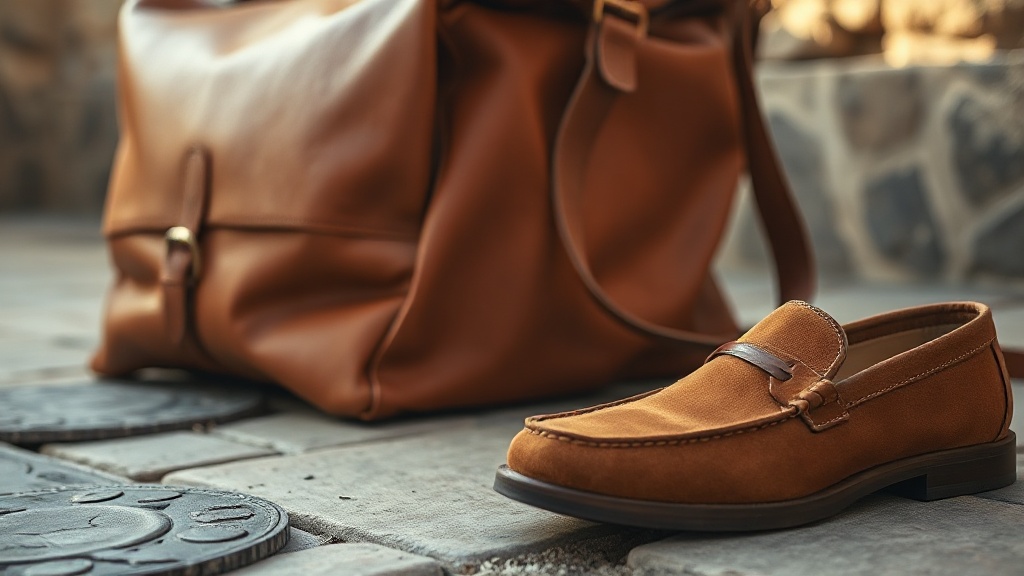 Close-up of a structured full-grain leather work bag with visible grain texture beside suede loafers on stone floor