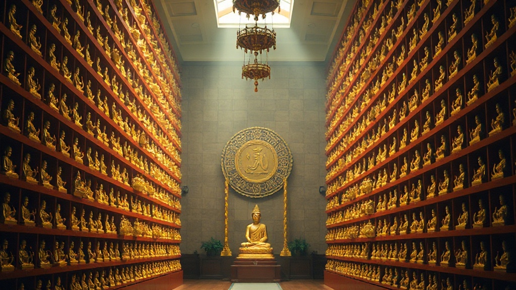 Mur intérieur d'un temple bouddhiste Chan tapissé de milliers de petites statuettes de Bouddha dorées
