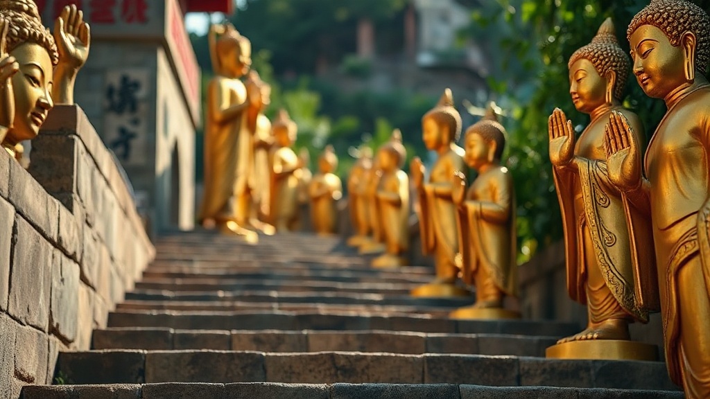 Escalier bordé de statues dorées de Luohan au Monastère des Dix Mille Bouddhas, Sha Tin