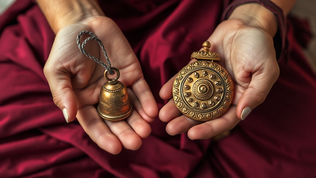 Practitioner's hands holding a brass dorje vajra in the right hand and a ritual bell ghanta in the left during meditation