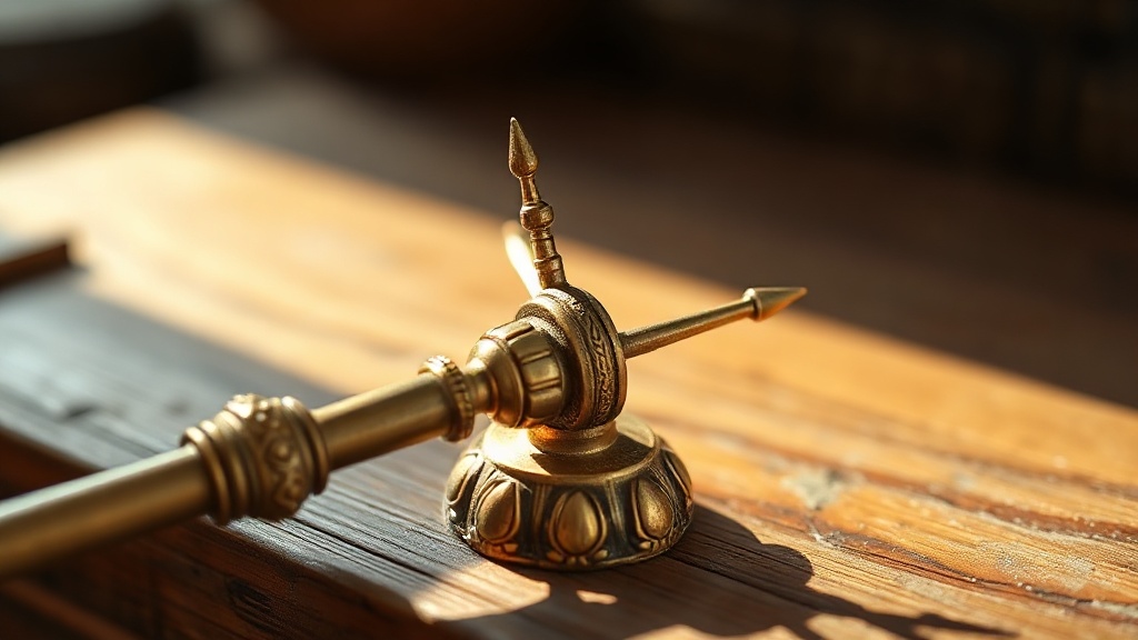 Close-up of a brass five-pronged dorje vajra on aged wooden surface, showing the lotus base and symmetrical prongs