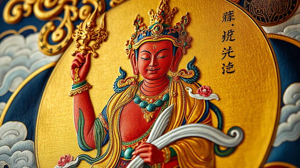Detail of a Tibetan thangka depicting Vajrapani holding a dorje vajra above his head in a wrathful posture
