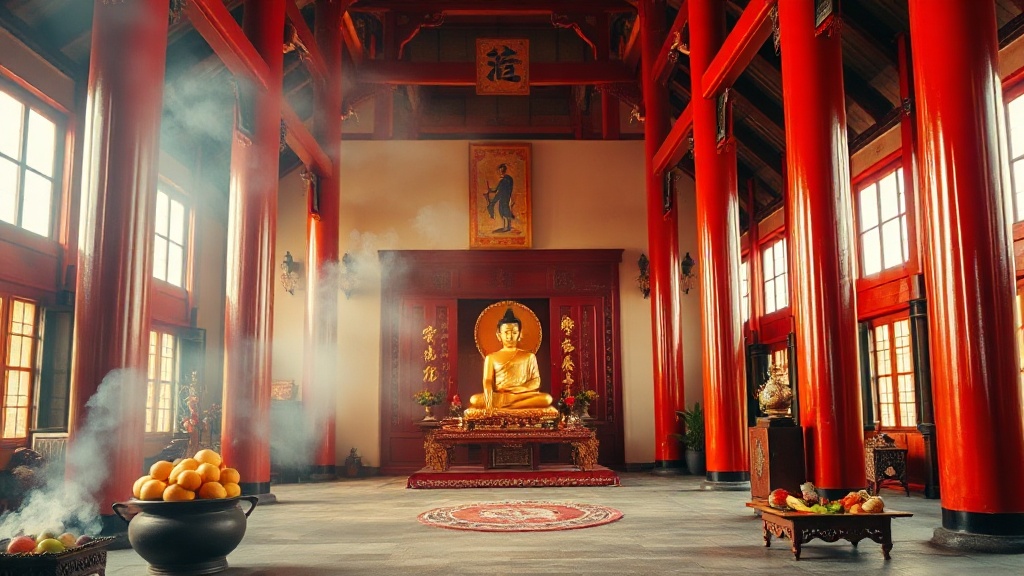 Salle Mahavira du temple Youguo avec statue dorée du Bouddha Shakyamuni sur l'autel principal