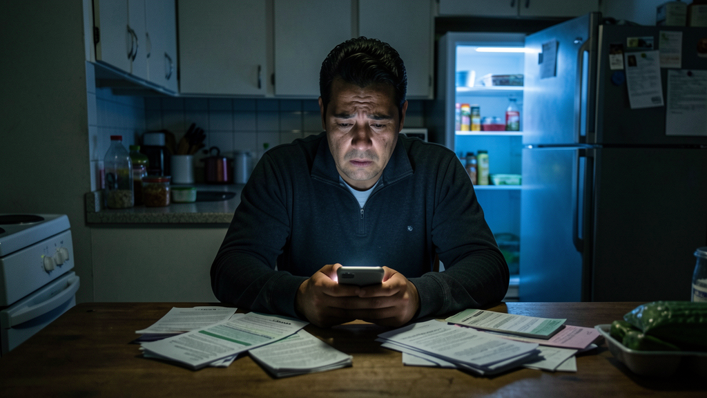 Hombre en cocina oscura, luz de celular iluminando rostro