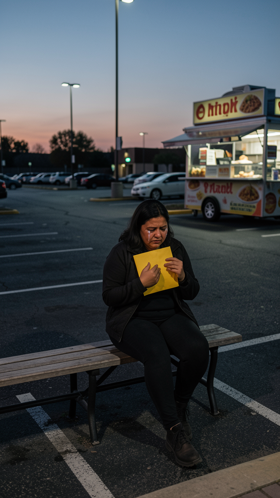 Mujer en estacionamiento de banco, anocheciendo, mirando un papel