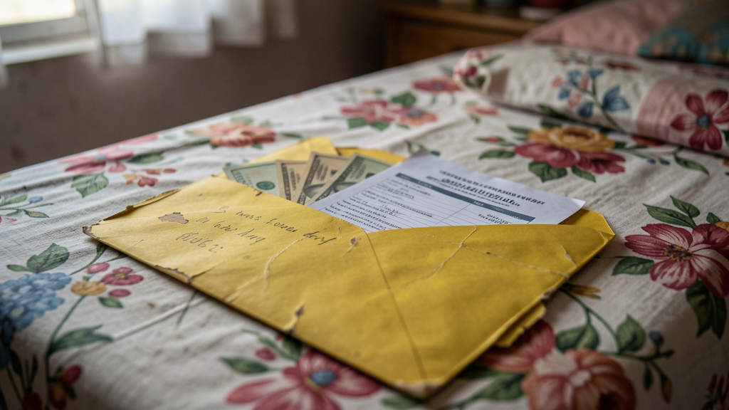Sobre amarillo con billetes sobre una cama modesta