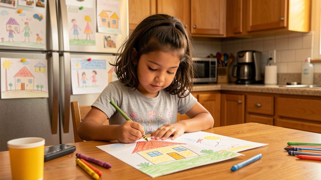 Niña dibujando una casa con crayones en la mesa de la cocina