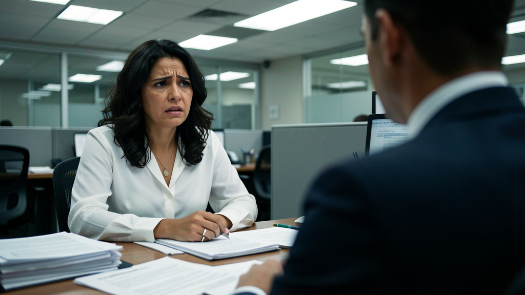 Mujer sentada frente a escritorio de banco, expresión devastada
