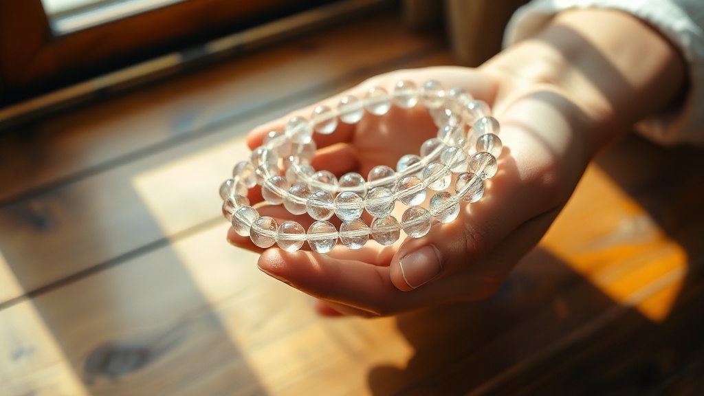 Hands holding a clear quartz 108-bead mala in natural light, showing bead texture and string detail