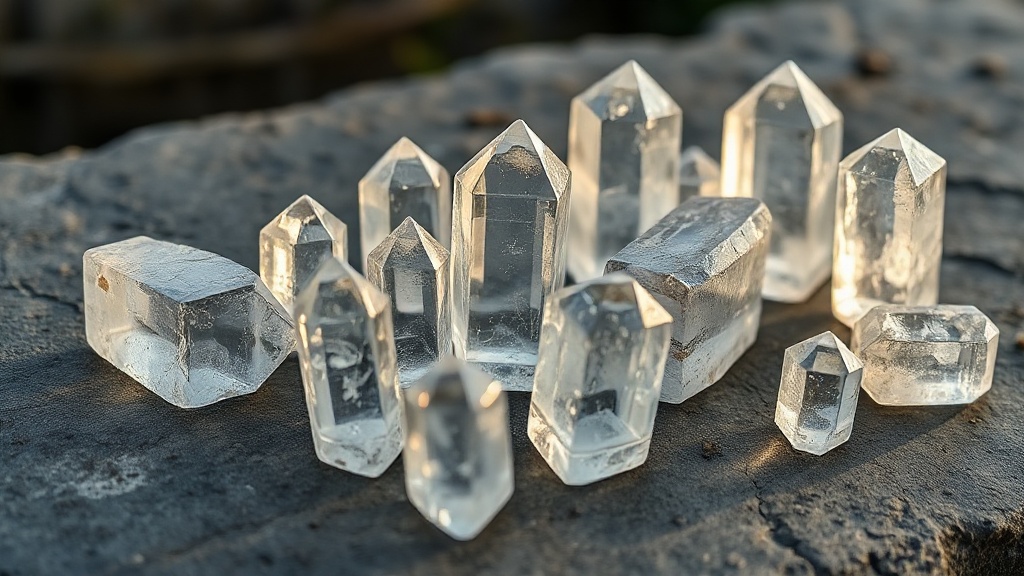 Raw clear quartz crystal points showing hexagonal prism faces and natural internal inclusions on a slate surface