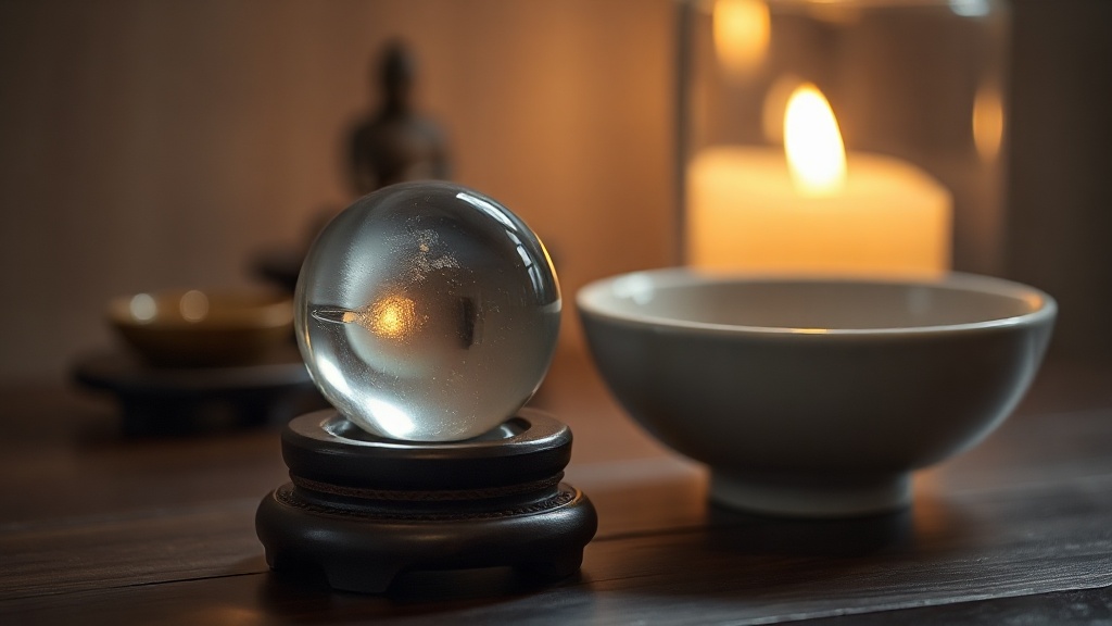 Polished clear quartz sphere on a wooden stand beside a ceramic offering bowl on a meditation altar with candlelight