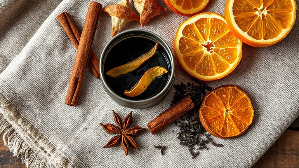Mélange de thé noir maison avec zestes d'orange séchés, badiane et cannelle en boîte métal