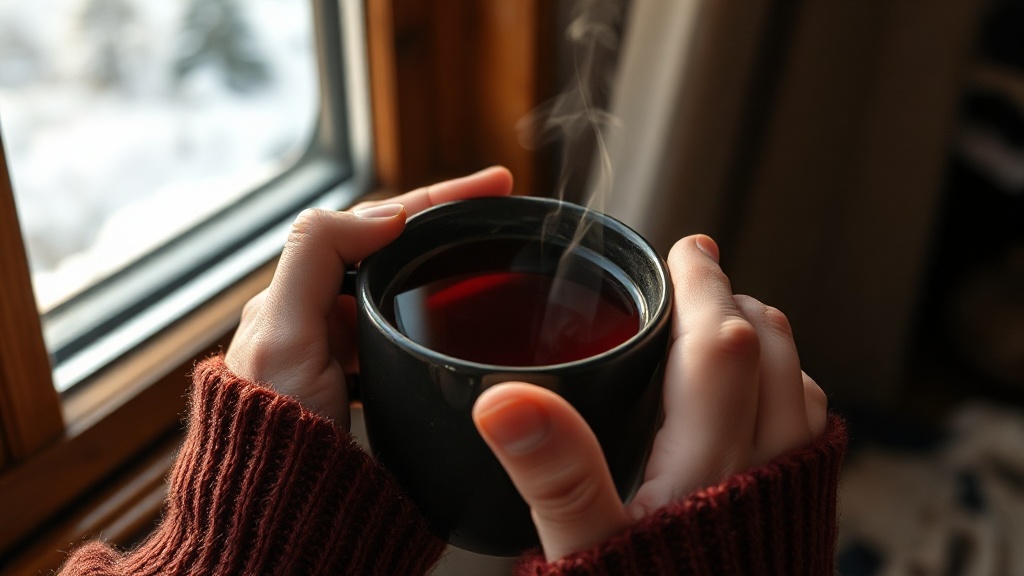 Mains réchauffées autour d'une tasse de thé noir Assam en hiver