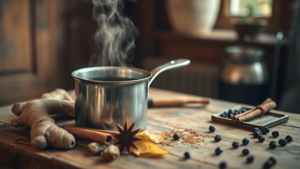 Préparation du chai maison avec épices fraîches : gingembre, cardamome, cannelle