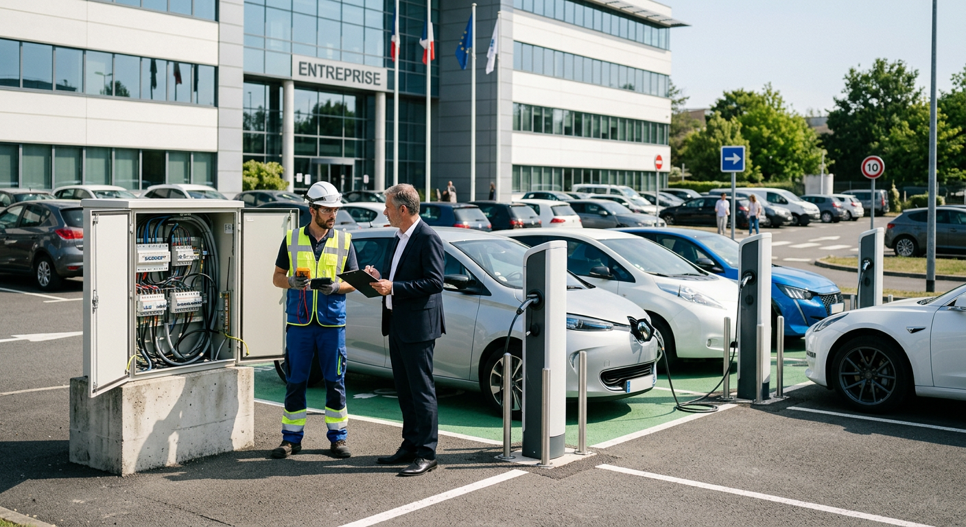 Parking d'entreprise avec plusieurs véhicules électriques rechargeant sur des bornes de recharge électrique IRVE modernes et un technicien avec un responsable près du tableau électrique.