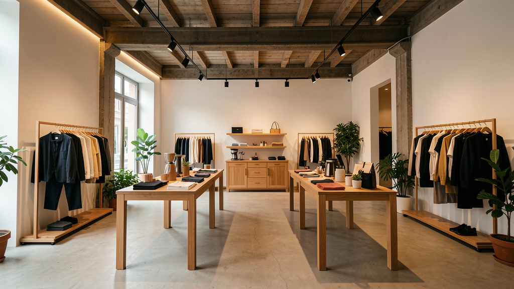 Interieur d un concept store minimaliste avec presentoirs en bois, coin cafe et eclairage chaleureux